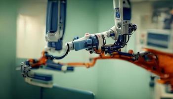 3d weergave, medisch machine robot arm in ziekenhuis achtergrond, technologie en Gezondheid zorg concept, digitaal kunst illustratie foto