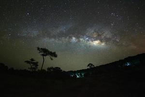 melkachtig manier heelal en silhouet van boom met wolk Bij phu hin rong kla nationaal park, phitsanulok Thailand foto