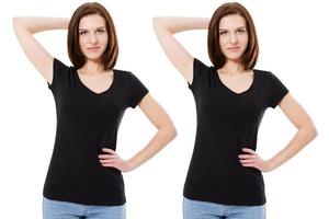 vrouw in zwart v-hals t-shirt reeks geïsoleerd Aan wit foto