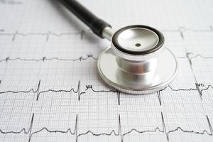 stethoscoop op elektrocardiogram met medicijn, hartgolf, hartaanval, cardiogramrapport. foto