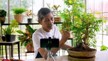 senior tuinman Mens verkoop mooi planten Aan sociaal media door streaming leven van zijn winkel. foto