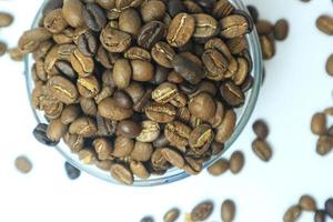 biologisch bruin geroosterd arabica koffie bonen in een glas kom Aan wit achtergrond. focus Aan koffie bonen in een schaal. beroemd en mooi zo kwaliteit. foto