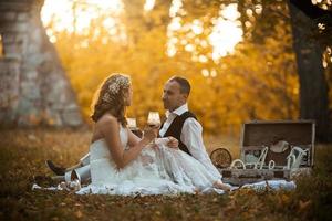 mooi bruiloft paar Bij een picknick onder boom foto