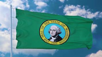 Washington staat vlag Aan een vlaggenmast golvend in de wind, blauw lucht achtergrond. 3d illustratie foto
