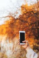 vrouw hand- Holding een telefoon, zwart scherm foto