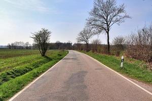 mooi visie Aan platteland wegen met velden en bomen in noordelijk Europa foto