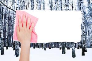 hand- verwijdert winter berk bomen door roze vod foto