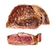 top visie van bijzonder gekookt rib oog rundvlees steak uitknippen foto