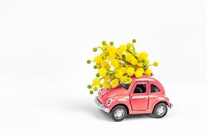 auto speelgoed- model- leveren boeket van mimosa bloemen foto