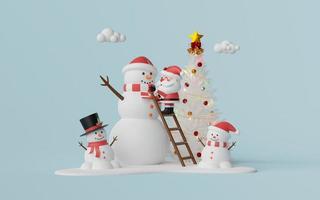 de kerstman claus modellering sneeuwman in de buurt Kerstmis boom, 3d illustratie foto
