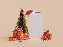 blanco scherm mobiel met Kerstmis boom en decoratie, 3d illustratie foto