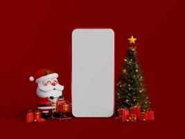 Kerstmis boodschappen doen online Aan mobiel concept, de kerstman claus voortvarend een boodschappen doen kar met geschenk doos, 3d illustratie foto