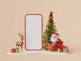 Kerstmis boodschappen doen online Aan mobiel concept, blanco scherm mobiel met de kerstman claus, Kerstmis boom en decoratie Aan sneeuw grond, 3d illustratie foto