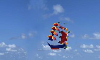 vliegend schip, regenboog gekleurde schip vlieger vliegt Aan de blauw lucht en wolk foto