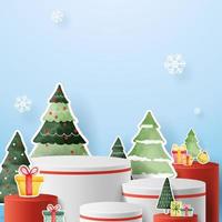 podium voor tonen Product weergave.winter Kerstmis decoratie Aan blauw achtergrond met boom Kerstmis. 3d vector foto