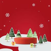 podium voor tonen Product weergave.winter Kerstmis decoratie Aan rood achtergrond met boom Kerstmis. 3d vector foto