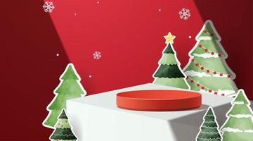 podium voor tonen Product weergave.winter Kerstmis decoratie Aan rood achtergrond met boom Kerstmis. 3d vector foto