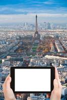 toerist fotograaf eiffel toren en Parijs panorama foto