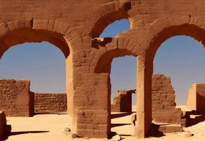reusachtig poort ruïneren van oude stad in woestijn, digitaal kunst achtergrond foto