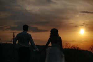 silhouet van bruiloft paar in veld- foto