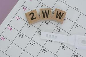 2ww woord Aan houten blok met Aan kalender. twee week wacht concept. foto