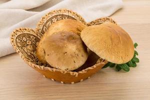 boletus paddestoel in een mand Aan houten achtergrond foto