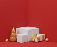 Kerstmis achtergrond met wit podium voor Product Scherm. rood achtergrond. 3d weergave. foto