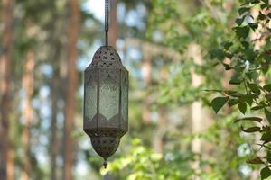 hangende lamp Aan een bijhouden in voorkant van een Woud van metaal en glas. oosters verwerken foto