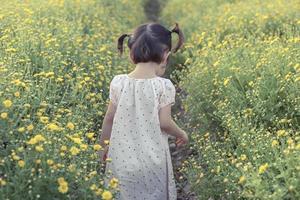 schattig weinig lachend meisje of Aziatisch weinig meisje wandelen in de veld- van geel bloemen in een zonnig zomer avond, Bij de zonsondergang met kopiëren foto