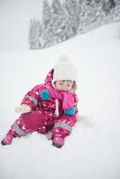 weinig meisje hebben pret Bij besneeuwd winter dag foto