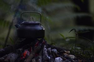 thee pot Aan kampvuur foto