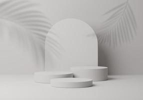 kunstmatig ronde podium of voetstuk met bladeren schaduw Aan wit achtergrond, abstract Product Scherm podium, 3d renderen studio met meetkundig vormen, staan naar tonen producten achtergrond foto