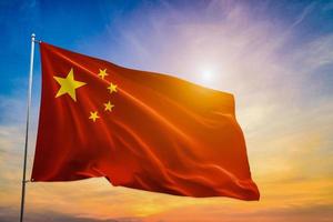 3d illustratie golvend vlag van China. mooi vlag van de mensen republiek van China Aan de straat vlaggenmast. foto