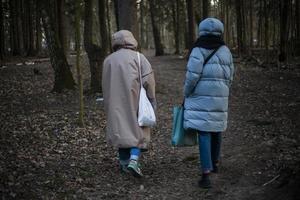 meisjes in jassen wandelen in de bossen. jong Dames praten in privaat. mensen besteden tijd Aan de straat. foto