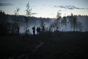 Mens in mist Aan meer. silhouet van Mens Aan oever. buitenshuis recreatie. foto