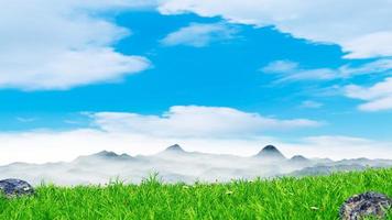 hoog berg landschap of complex berg landschappen. terrein weide Aan de berg reeks in de ochtend- Daar is een mist aan het bedekken de top. 3d renderen foto