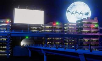 foto van de stad 's nachts, er zijn treinsporen om in de stad te vervoeren. wit leeg reclamebord. volle maan nacht, schaduwen van de kerstman en rendieren passeren op kerstnacht. 3D-rendering