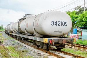 lampang, Thailand, 2017 - voorkant van olie houder trein geparkeerd Aan de spoorweg aan het wachten naar worden vulling de olie. olie vervoer Diensten zijn een Super goed omzet bedrijf. foto