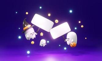 3d renderen van schattig weinig geest Holding blanco teken concept van halloween achtergrond voor reclame reclame ontwerp. 3d geven tekenfilm stijl. foto