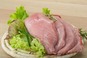 rauw varkensvlees schnitzel Aan houten bord en houten achtergrond foto