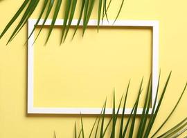 zomer samenstelling - groen bladeren Aan wit foto kader tegen pastel geel achtergrond