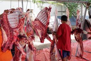 oosten- Jakarta, Indonesië - juli 11, 2022, de slachten van rundvlees door meerdere mensen in de Open ruimte, idul adha evenement foto