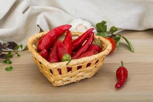 Chili paprika's in een mand Aan houten achtergrond foto