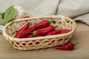 Chili paprika's in een mand Aan houten achtergrond foto