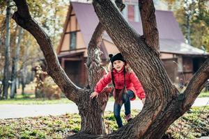 weinig meisje naar beklimmen een boom foto