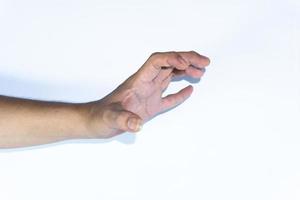 mannetje Aziatisch hand- gebaren geïsoleerd over- de wit achtergrond. foto