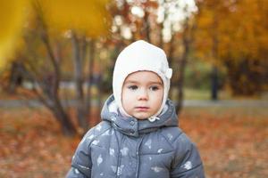 portret van schattig weinig Kaukasisch meisje Aan achtergrond van herfst park. foto