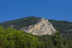 marmeren kalksteen rots van grijs bruin kleur, in de het formulier van een driehoek omringd door een berg groen Woud. foto