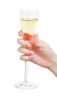 hand- houdt glas beker met Champagne foto