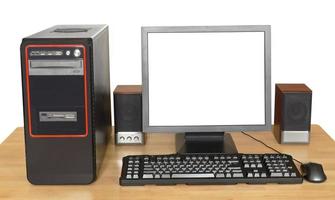 zwart bureaublad computer Aan houten tafel foto